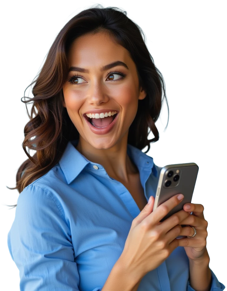Mulher de camisa azul sorrindo e segurando um celular