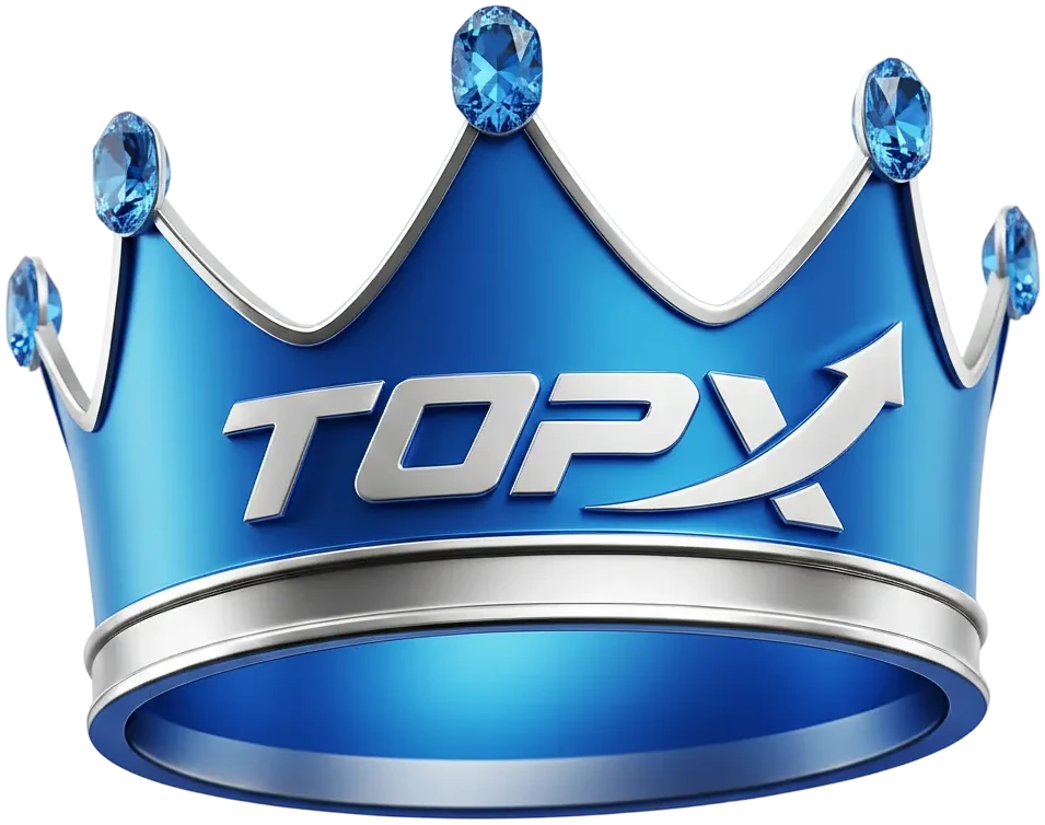 Coroa azul com o logotipo da TopX, elemento decorativo da marca