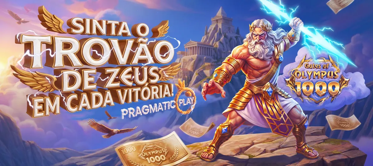 Arte do Gates of Olympus 1000, da Pragmatic Play, com Zeus segurando um raio