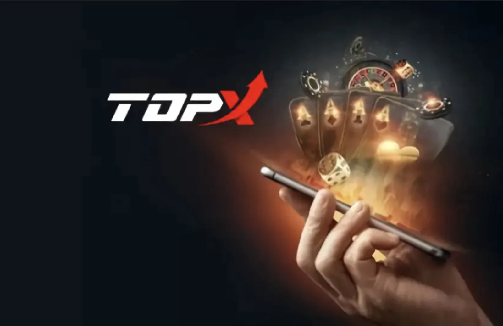 Celular na mão diante de cartas e fichas, com o logotipo da TopX