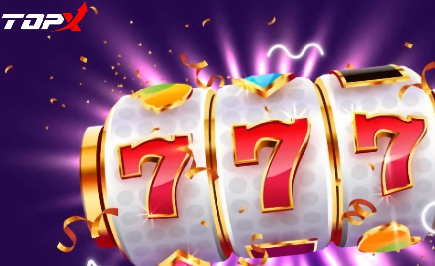 Rolos de caça-níquel com três setes dourados e o logotipo da TopX